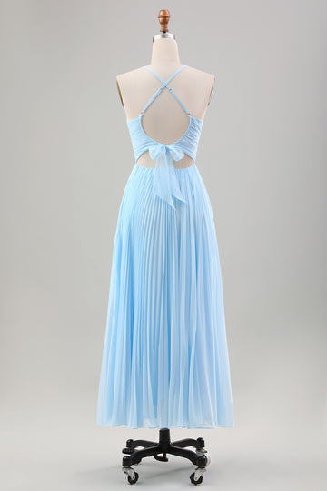 Vestido de invitada de boda de gasa plisada azul cielo una línea